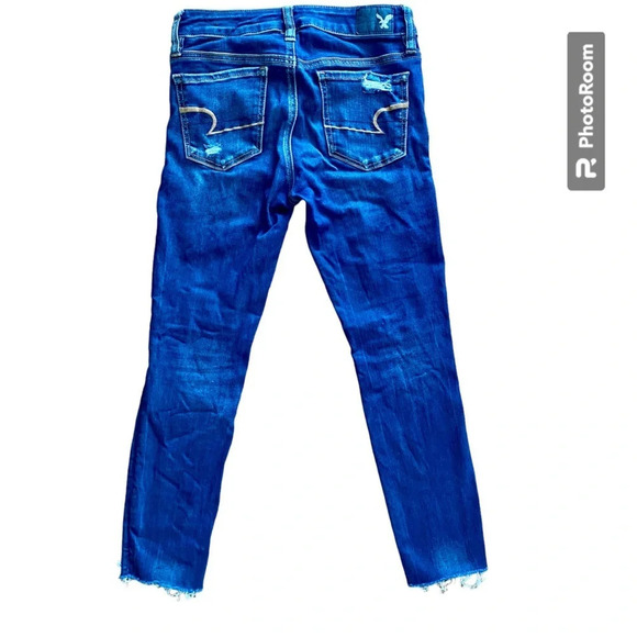 AMERICAN Eagle Dark Wash Jegging Crop Mid Rise Skinny distressed Jeans  Size 0 - Picture 5 of 12